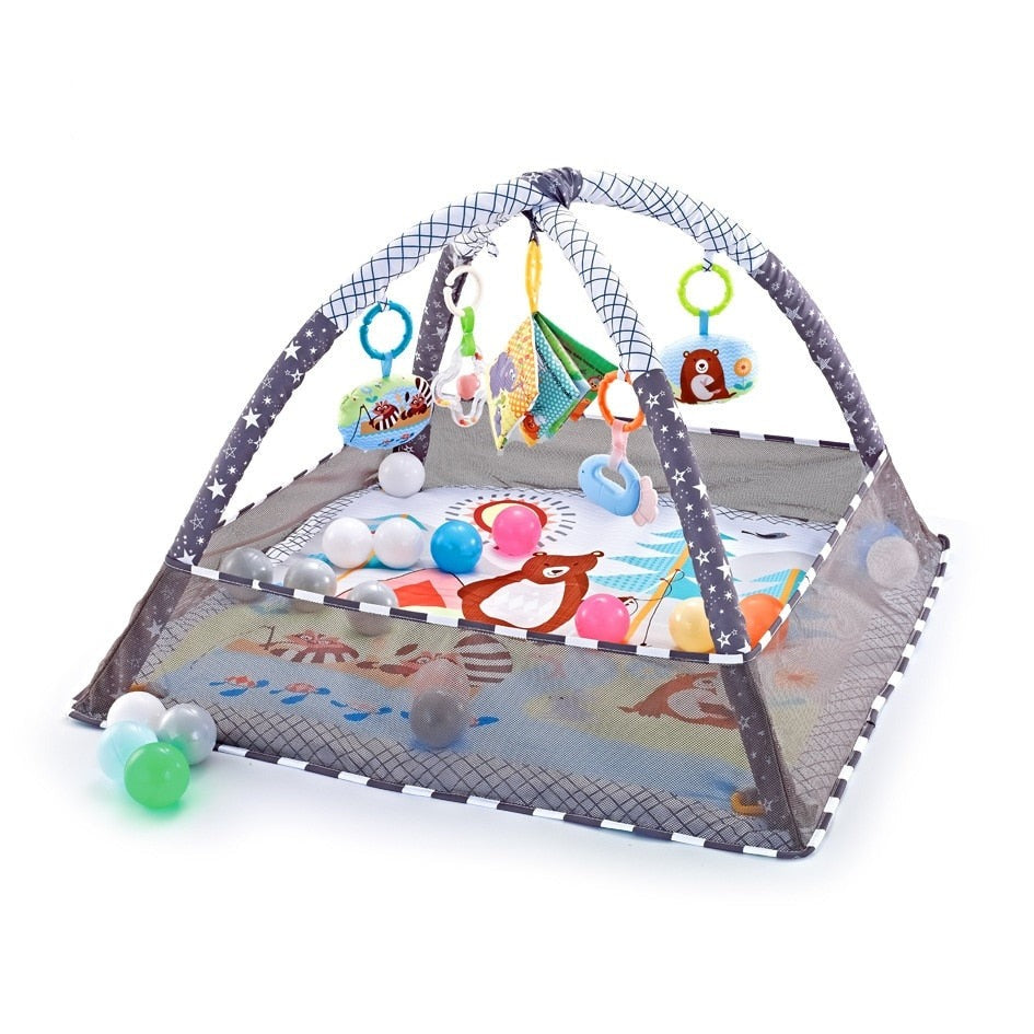 Baby Play Gym Mat with Interactive Arch, Removable Toys, Safety Net, and Three Color Options, Suitable for Ages 0-18 Months (Balls Not Included)