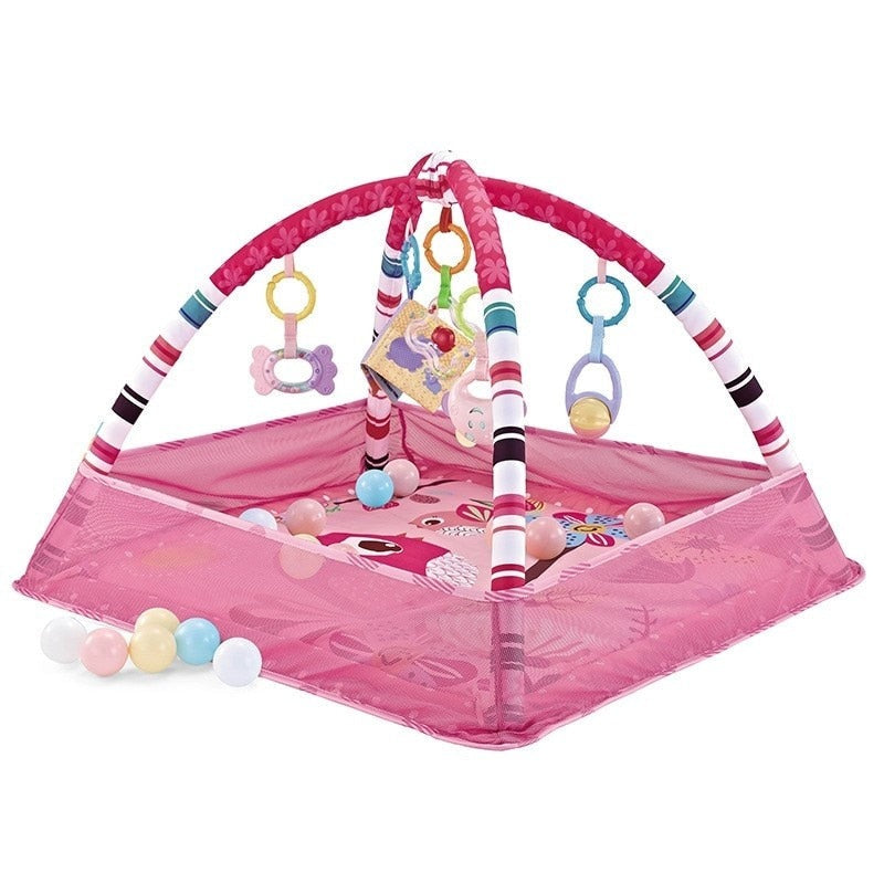 Baby Play Gym Mat with Interactive Arch, Removable Toys, Safety Net, and Three Color Options, Suitable for Ages 0-18 Months (Balls Not Included)