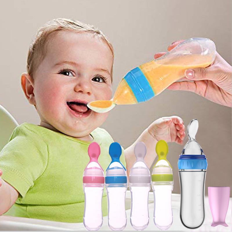 Biberon con Cucchiaio Dispenser in Silicone: Scegli tra Tre Colori Vivaci per Dare la Pappa al Tuo Bambino in Modo Pratico, Divertente e Pulito!  Adatto all’Età 6-24 Mesi