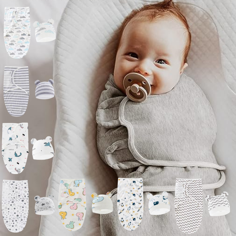 Set of Swaddle and Hat: Wrap Your Baby in a Soft 100% Cotton Sleep Sack Swaddle for a Peaceful Sleep, Choose From 8 Unisex Designs, Suitable For Ages 0-3 Months