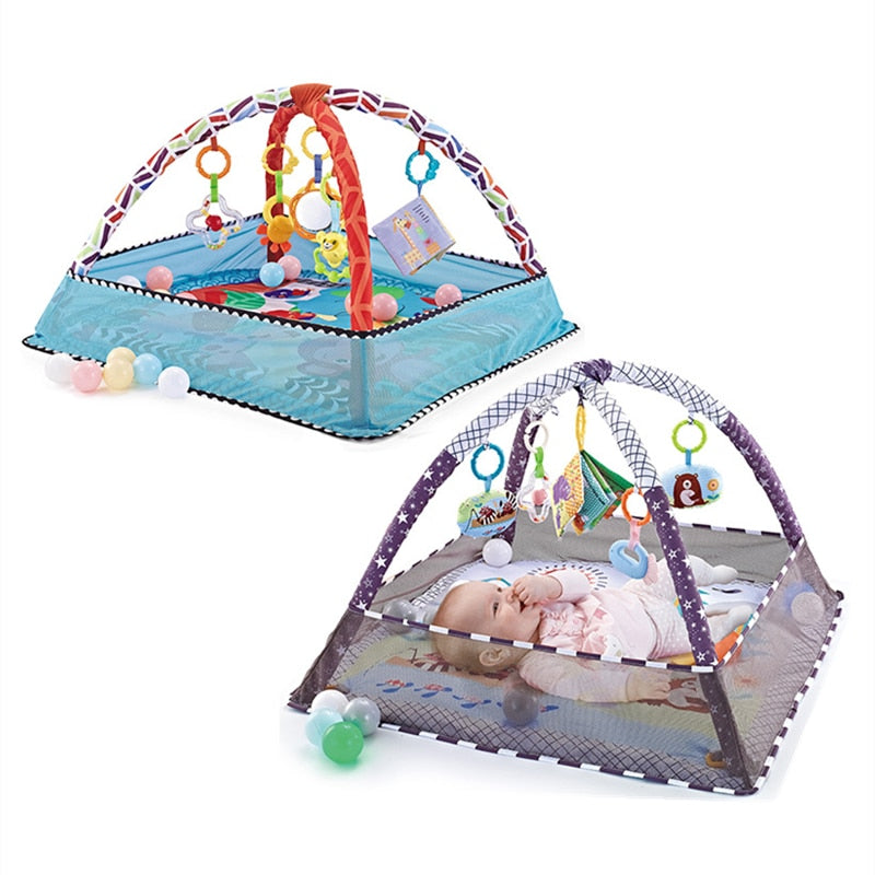 Baby Play Gym Mat with Interactive Arch, Removable Toys, Safety Net, and Three Color Options, Suitable for Ages 0-18 Months (Balls Not Included)