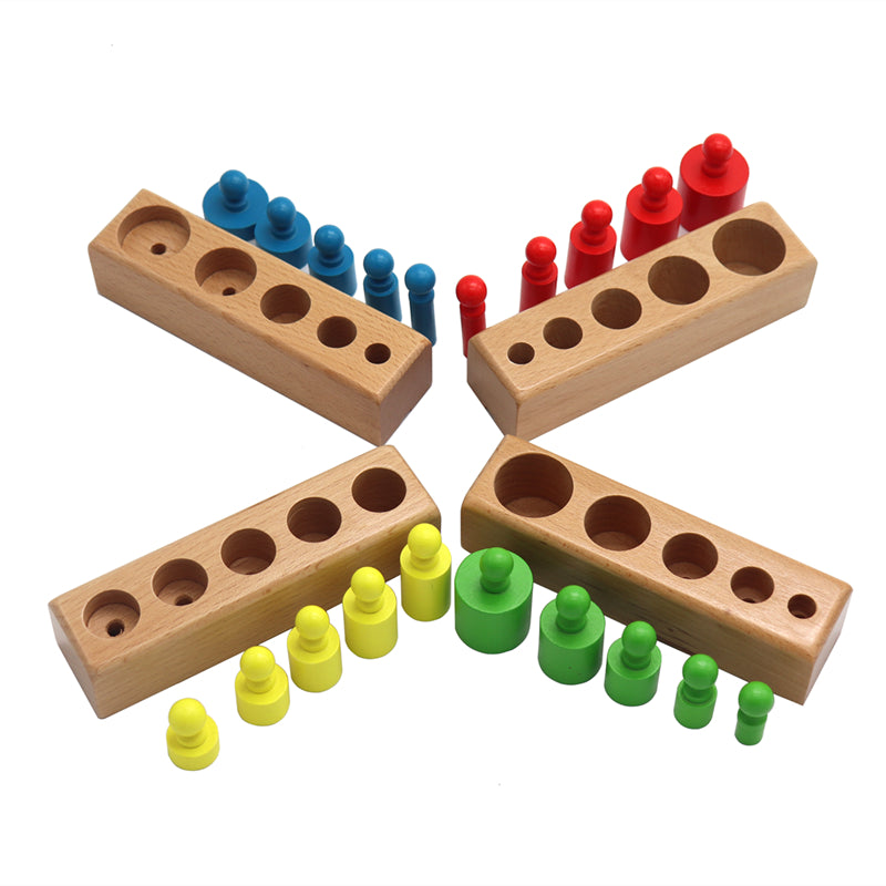 Set of 4 Montessori Cylinder Block: Wooden Game with Stackable Cylinders of Different Sizes and Colors to Stimulate the Child's Early Learning, 18-24 Months