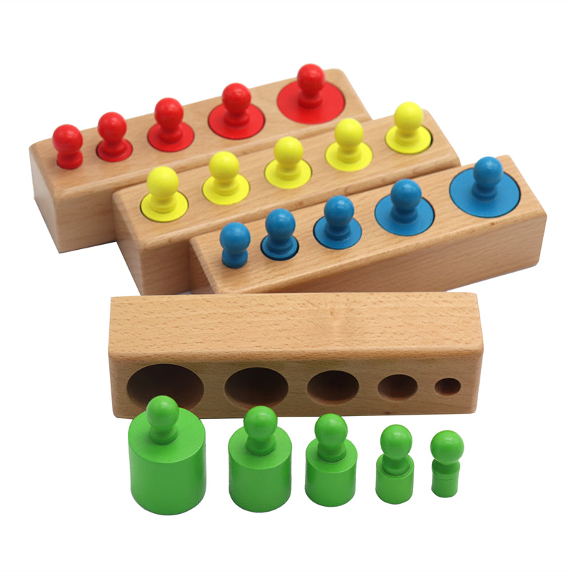 Set of 4 Montessori Cylinder Block: Wooden Game with Stackable Cylinders of Different Sizes and Colors to Stimulate the Child's Early Learning, 18-24 Months