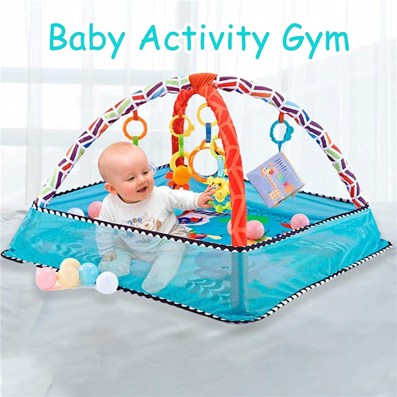 Baby Play Gym Mat with Interactive Arch, Removable Toys, Safety Net, and Three Color Options, Suitable for Ages 0-18 Months (Balls Not Included)