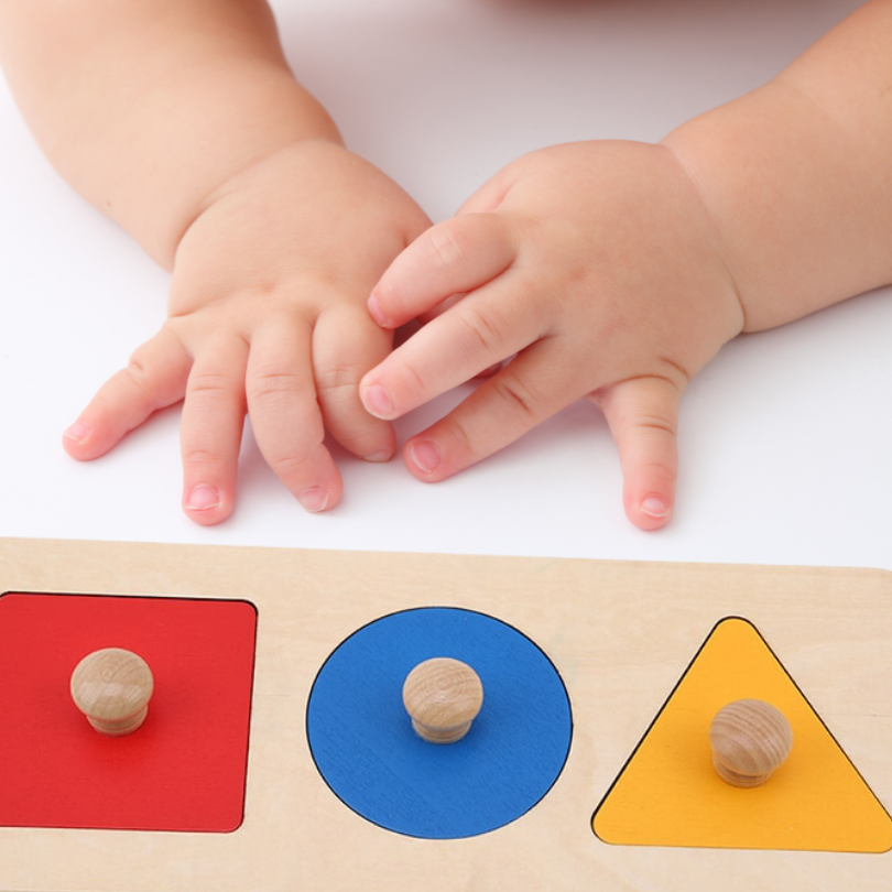 Puzzle Montessori Tre Forme e Colori: Gioco in Legno per l'Apprendimento Precoce del Bambino, Adatto dagli 8 ai 18 Mesi