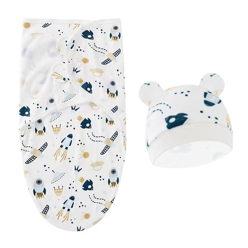 Set of Swaddle and Hat: Wrap Your Baby in a Soft 100% Cotton Sleep Sack Swaddle for a Peaceful Sleep, Choose From 8 Unisex Designs, Suitable For Ages 0-3 Months