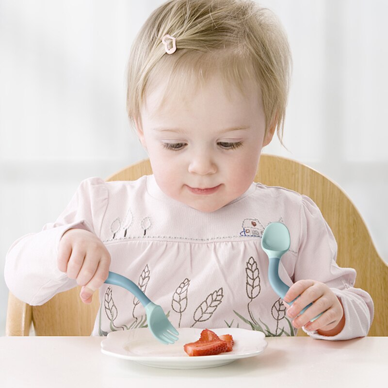 Set of Flexible Silicone Fork and Spoon: Easy-to-Grip Utensils for Learn Self-Feeding, Suitable for Ages 9-24 Months