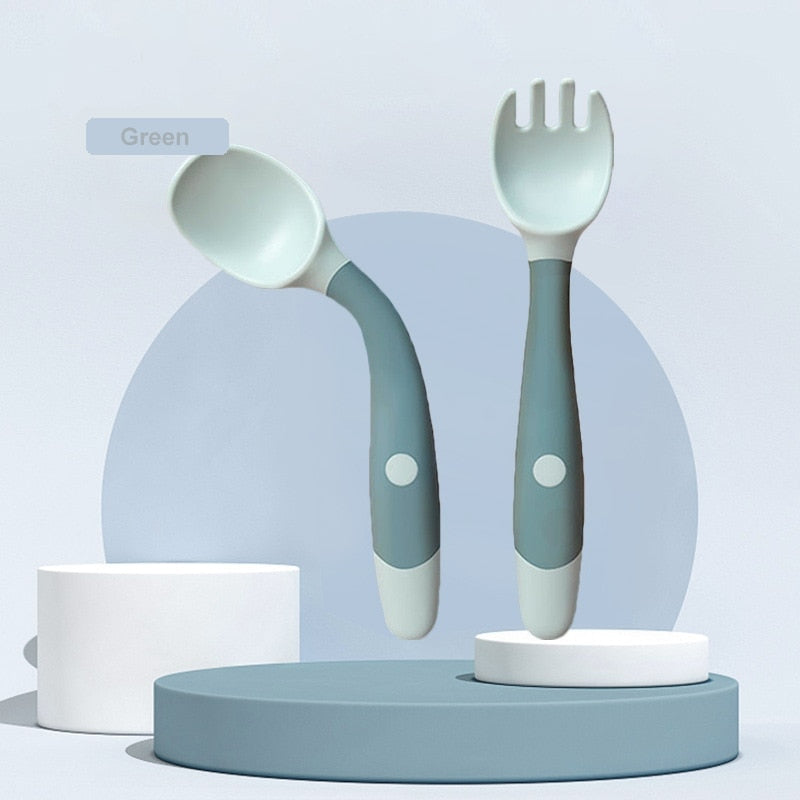 Set of Flexible Silicone Fork and Spoon: Easy-to-Grip Utensils for Learn Self-Feeding, Suitable for Ages 9-24 Months