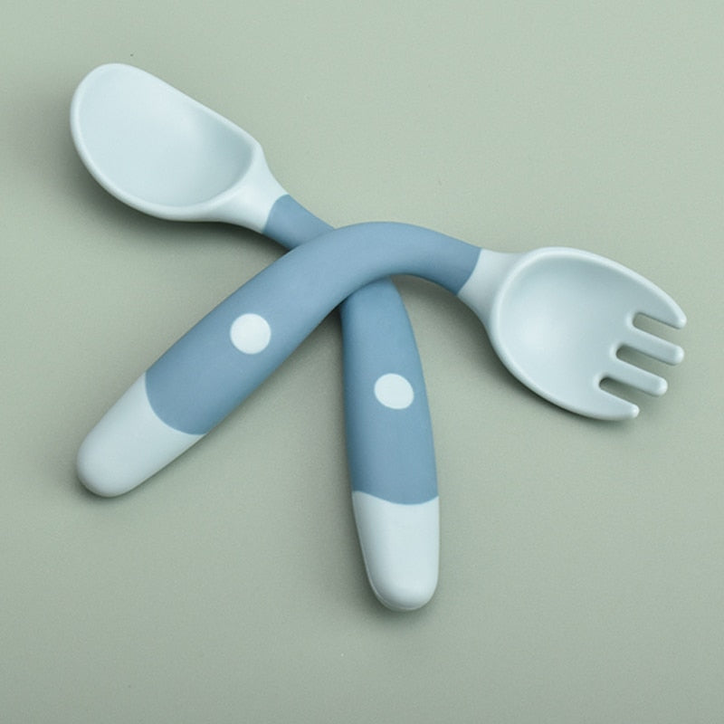 Set of Flexible Silicone Fork and Spoon: Easy-to-Grip Utensils for Learn Self-Feeding, Suitable for Ages 9-24 Months