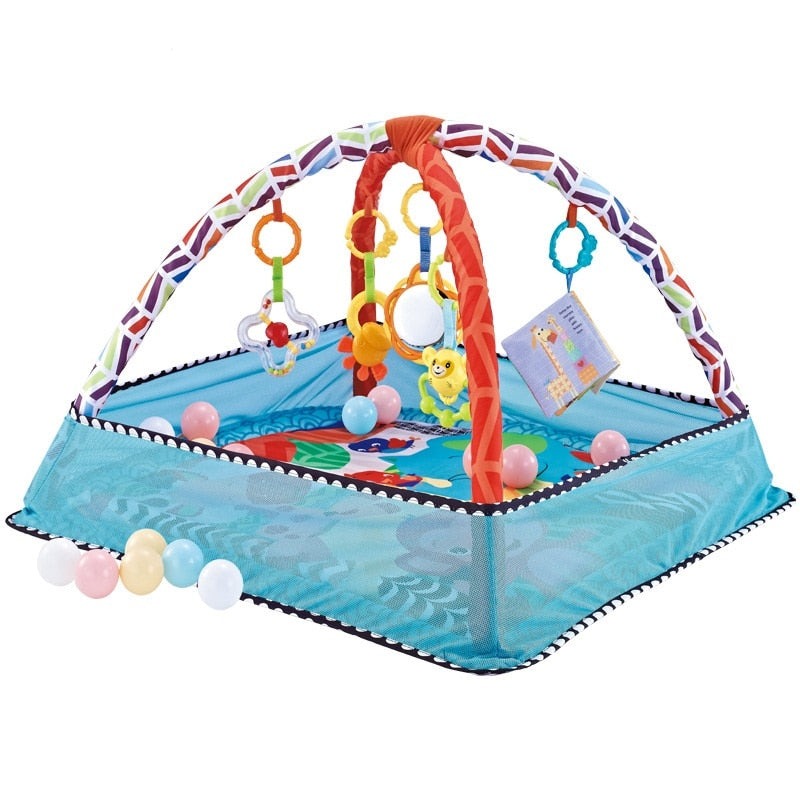 Baby Play Gym Mat with Interactive Arch, Removable Toys, Safety Net, and Three Color Options, Suitable for Ages 0-18 Months (Balls Not Included)