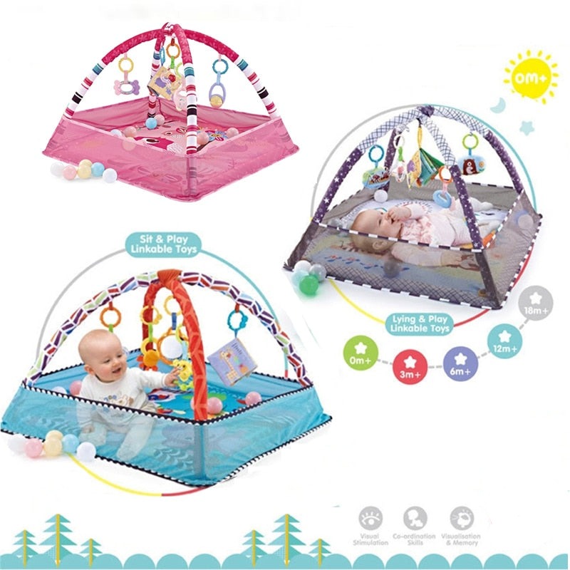 Baby Play Gym Mat with Interactive Arch, Removable Toys, Safety Net, and Three Color Options, Suitable for Ages 0-18 Months (Balls Not Included)