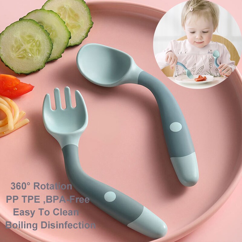 Set of Flexible Silicone Fork and Spoon: Easy-to-Grip Utensils for Learn Self-Feeding, Suitable for Ages 9-24 Months